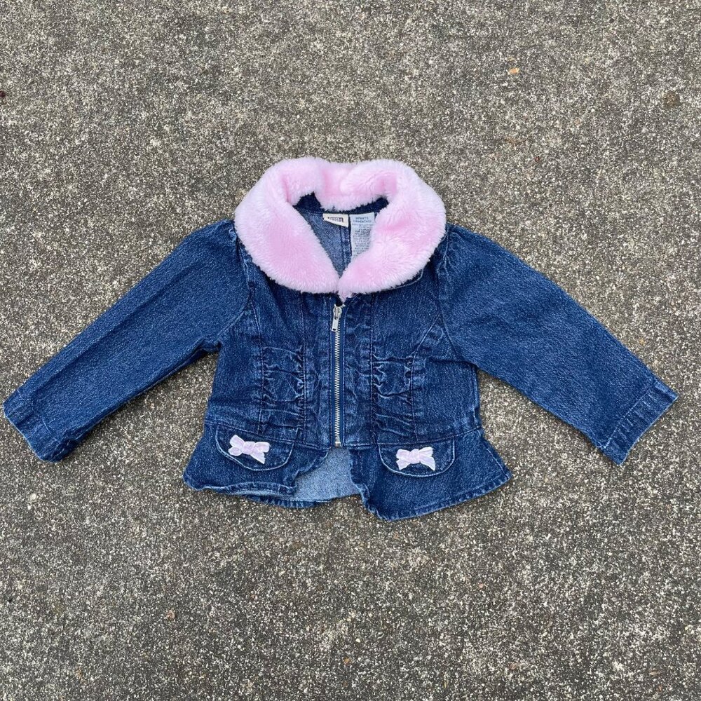 Vintage Y2K Pink Fuzzy Denim Zip Jacket Coquette Girl Sz 18m